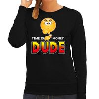 Funny emoticon sweater Time is money DUDE zwart dames - thumbnail