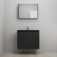 On-Line Badkamermeubelset - 80 cm - Voorgemonteerd - Greeploze Ladestructuur - Acryl Wastafel - 1 Kraangat - Spiegelkast - Mat Zwart
