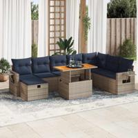 9-delige Loungeset met kussens poly rattan acacia grijs