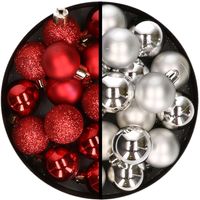 36x stuks kunststof kerstballen rood en zilver 3 en 4 cm