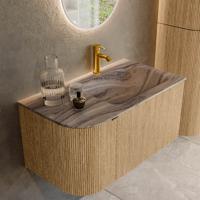 Badmeubel Mondiaz Kurve-Dlux | 85 cm | Meubelkleur Oak | Wastafelkleur Sombra | Solid surface | Wasbak rechter zijde spoelbak | 1 kraangat