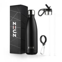 ZEUZ® Premium RVS Thermosfles & Drinkfles - Isoleerfles – Waterfles met Rietje - BPA Vrij – 500 ml - Mat Zwart - thumbnail