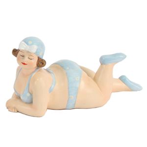 Home decoratie beeldje dikke dame liggend - blauw badpak - 14 cm   -