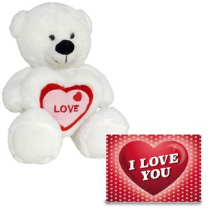 Pluche knuffel Valentijn I Love You beertje 20cm met hartjes wenskaart