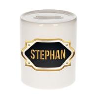 Spaarpot met voornaam Stephan - wit - goud/zwart embleem - 8 x 9 cm - keramiek - afsluitdop