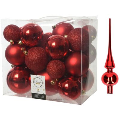 Kerstversiering kunststof kerstballen met piek rood 6-8-10 cm pakket van 27x stuks Kerstversiering kunststof kerstballen met piek rood 6-8-10 cm pakket van 27x stuks
