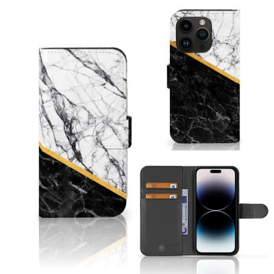 iPhone 15 Pro | Bookcase | Marmer Wit Zwart - Origineel Cadeau Man | Portemonnee hoesje