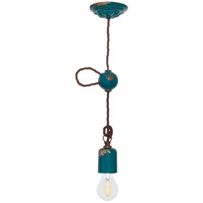 Pendel hanglamp porcelein blauw met bruin textielsnoer 160cm E27
