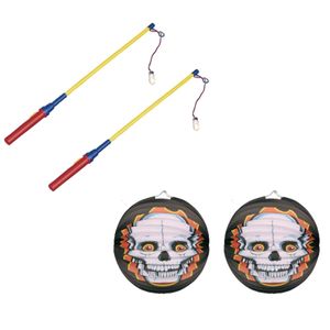 2x stuks ronde lampion 25 cm doodskop inclusief lampionstokjes