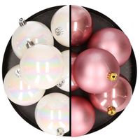 12x stuks kunststof kerstballen 8 cm mix van parelmoer wit en velvet roze - Kerstbal - thumbnail