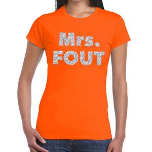 Mrs. Fout zilver glitter tekst t-shirt oranje dames