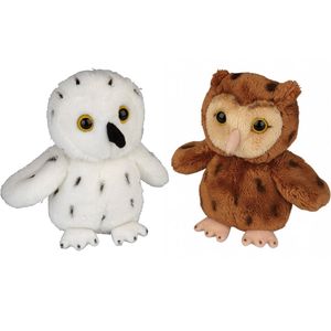 Vogels zachte pluche knuffels 2x stuks - Sneeuwuil en Bosuil van 15 cm - Vogel knuffels