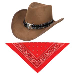 Carnaval verkleedset luxe model cowboyhoed Rodeo - bruin - en rode hals zakdoek - voor volwassenen