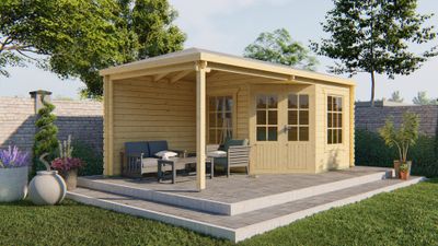 Tuindeco Jannie Blokhut 300x300 cm + luifel 275 cm 44 mm vuren blank- Puntdak- Onbehandeld vurenhout- Tuindeco