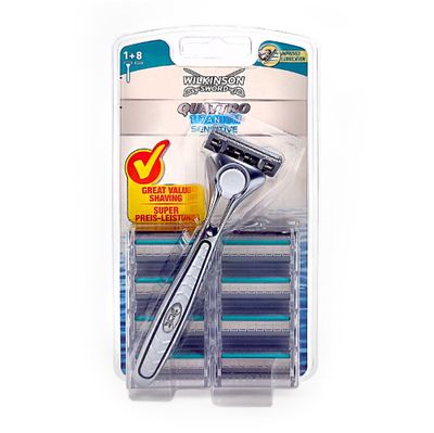 Wilkinson Quattro Titanium Sensitive Scheermes + 8 Extra Mesjes Wilkinson Quattro Titanium Sensitive Scheermes + 8 Extra Mesjes
