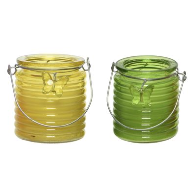 Citronella kaars - 2x - in windlicht - geel en groen - 20 branduren - citrusgeur