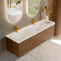 Mondiaz KURVE-DLUX 155 cm Onderkast Greeploos 2 Lades Met Deuren Walnut, Wastafel Solid Surface Links Opalo 2 Kraangaten Zonder Spiegel (KRVLEA155R2L1D2KD-Wal/Opa)