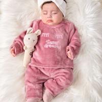 Baby Girl Fluffy Pink Letter Sweatshirt and Pants 2pc Outfit Set Pink / 0-1M