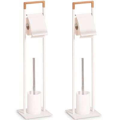 2x Toiletborstels met toiletrolhouder wit metaal/bamboehout 75 cm
