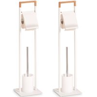 2x Toiletborstels met toiletrolhouder wit metaal/bamboehout 75 cm