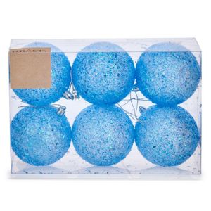 6x stuks kerstballen helder blauw glitter kunststof 8 cm