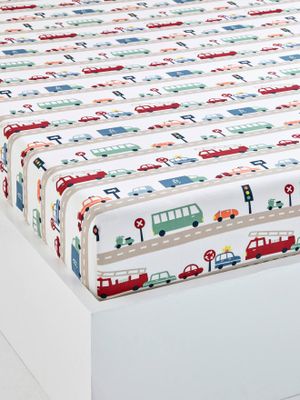 Kinderhoeslaken AUTO-CITY bedrukt beige