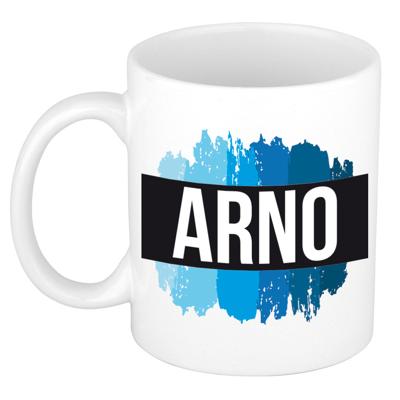 Arno naam cadeau koffie mok - beker - met blauw verfstrepen - Cadeau collega - vaderdag