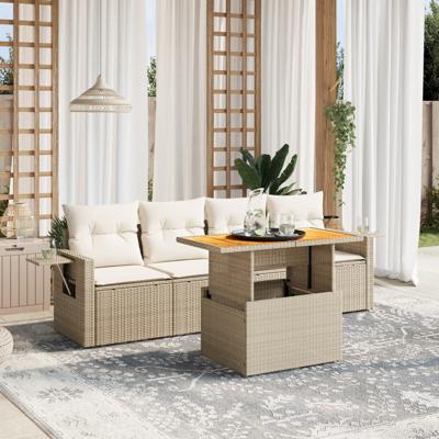 5-delige Loungeset met kussens poly rattan beige