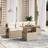 5-delige Loungeset met kussens poly rattan beige