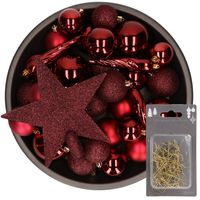 33x kunststof kerstballen 5-6-8 cm bordeaux rood met ster piek en haakjes - thumbnail