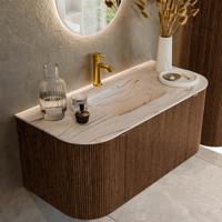Badmeubel Mondiaz Kurve-Dlux | 100 cm | Meubelkleur Walnut | Wastafelkleur Nata | Solid surface | Wasbak midden spoelbak | 1 kraangat