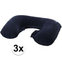 Opblaasbaar reiskussen/nekkussen - 3x stuks - in een etui - blauw - 33 x 21 cm - velours kunststof