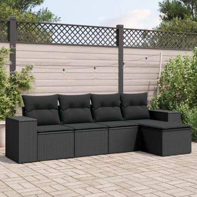 5-delige Loungeset met kussens poly rattan zwart