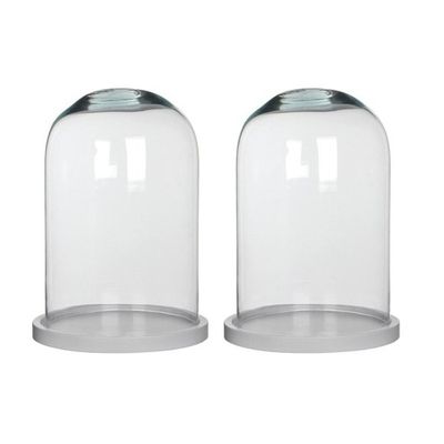 2x Glazen decoratie stolpen Hella op wit houten plateau 21 x 30 cm