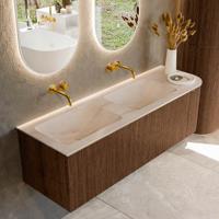 Badmeubel Mondiaz Kurve-Dlux | 145 cm | Meubelkleur Walnut | Wastafelkleur Meli | Solid surface | Dubbel / Links spoelbak | Zonder kraangat(en)