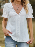Women's Short Sleeve Blouse Summer White Plain Lace Edge V Neck Puff Sleeve Daily Going Out Simple Top