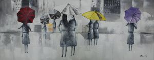 Schilderij - Handgeschilderd - Wandeling in de regen 150x60cm