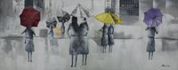 Schilderij - Handgeschilderd - Wandeling in de regen 150x60cm