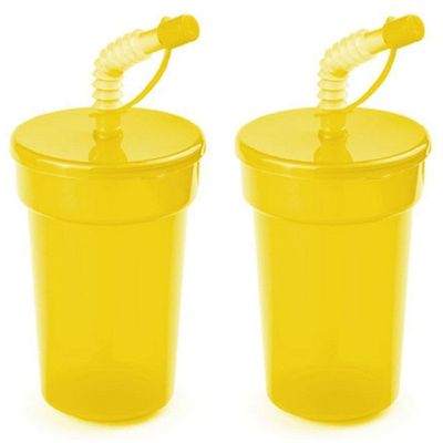 Set van 12x stuks afsluitbare plastic drinkbeker geel 400 ml met rietje voor kinderen/peuters Set van 12x stuks afsluitbare plastic drinkbeker geel 400 ml met rietje voor kinderen/peuters