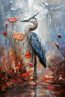 Schilderij - Metaalschilderij -Reiger in het water, 80x120cm, 3D schilderij