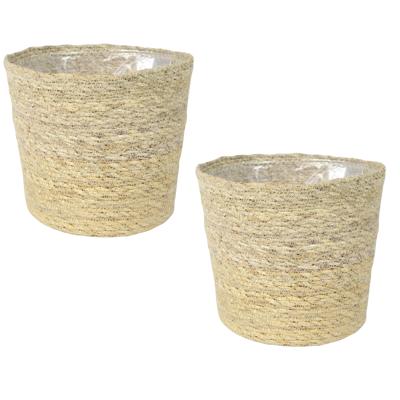 Ter Steege Plantenpot - Set van 3x stuks - beige - gevlochten zeegras - 26 x 23 cm - plastic binnenk