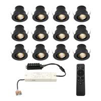 Set van 12 Medina LED Mini Inbouwspots met Trafo - 12 Volt 3 Watt 150 lumen - Dimbaar - Kantelbaar - Verzonken - Plat 35mm (Lage inbouwdiepte) - 2700K - IP44 waterdicht - Zwart