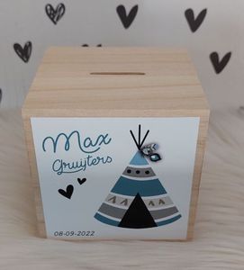 houten spaarpot met naam tipi tent blauw