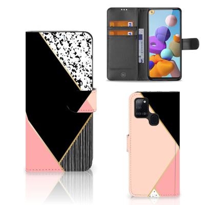 Samsung Galaxy A21s | Book Case | Zwart Roze Vormen
