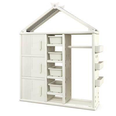 Huisvormige Kinderboekenplank met Kapstok Kinderkamer Speelgoedplank met Plank Zijmanden en 4 Opbergdozen