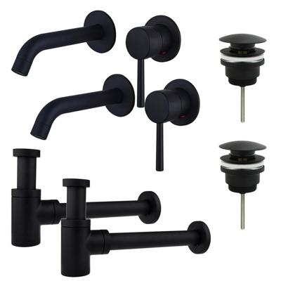 Fortifura Calvi Slim Wastafelkraanset - voor dubbele wastafel - inbouw wastafelkraan - klikwaste plug - verlaagde design sifon - Mat zwart 2x SW377837/2x SW696199/2x SW696215