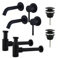 Fortifura Calvi Slim Wastafelkraanset - voor dubbele wastafel - inbouw wastafelkraan - klikwaste plug - verlaagde design sifon - Mat zwart 2x SW377837/2x SW696199/2x SW696215