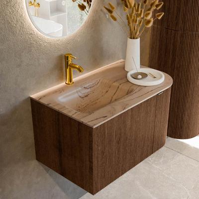 Badmeubel Mondiaz Kurve-Dlux | 75 cm | Meubelkleur Walnut | Wastafelkleur Arena | Solid surface | Wasbak linker zijde spoelbak | 1 kraangat
