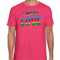 Gay Pride t-shirt met tekst - heren - roze - I want love - LHBTI