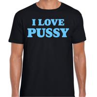 Foute party t-shirt heren - I love Pussy - zwart - glitter blauw - carnaval/themafeest